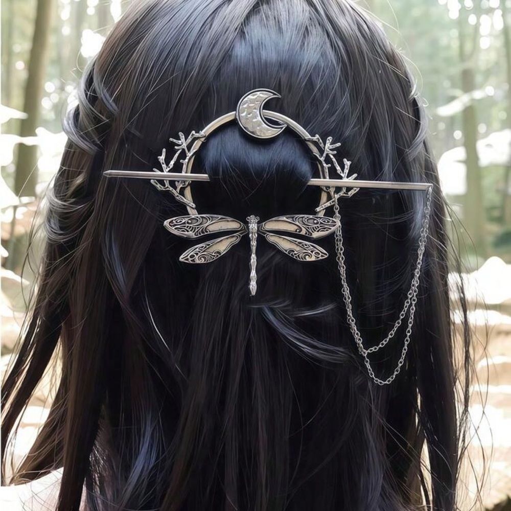 Silver Dragonfly and Moon hair Pin A1614
